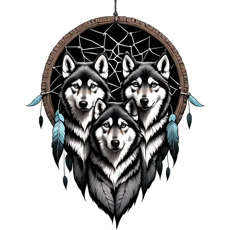 Three Wolf Pups Inside A Dream Catcher