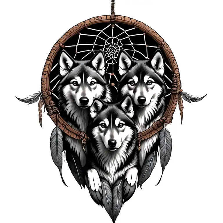 Three Wolf Pups Inside A Dream Catcher