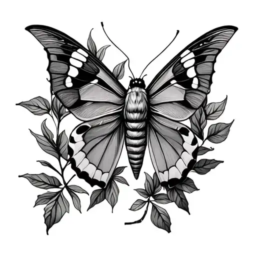 Moth Tattoo With Leaves