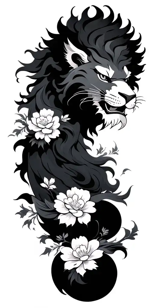 Lion Shishi On Shoulder On Arms Separate Waves With Wind And Flowers Japanese Style No Colors