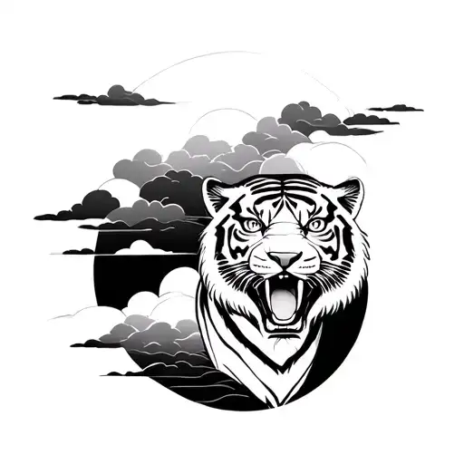 I Want A Upper Arm Tatto With Japan Tiger With Black And White Clouds