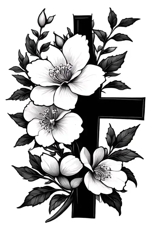 Blossoms With Sprigs To Compliment A Bold Cross And Fine Line Scripture