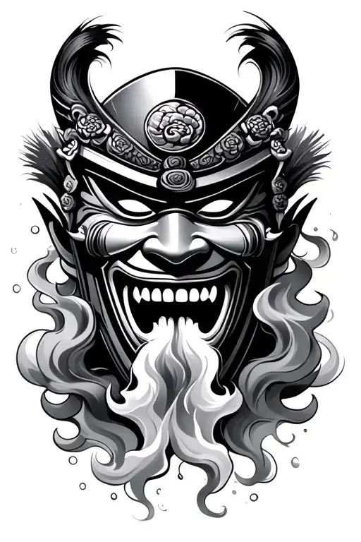 Traditional Japanese Shogun Mask With Smoke Coming Out Of The Mouth