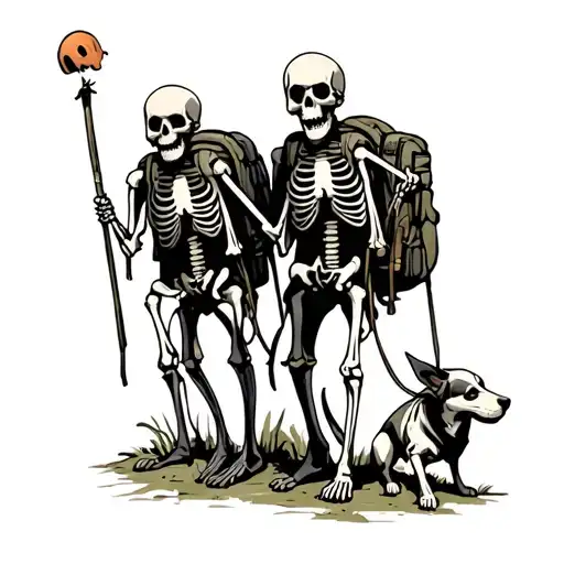 2 Skeletons Hiking With Dog