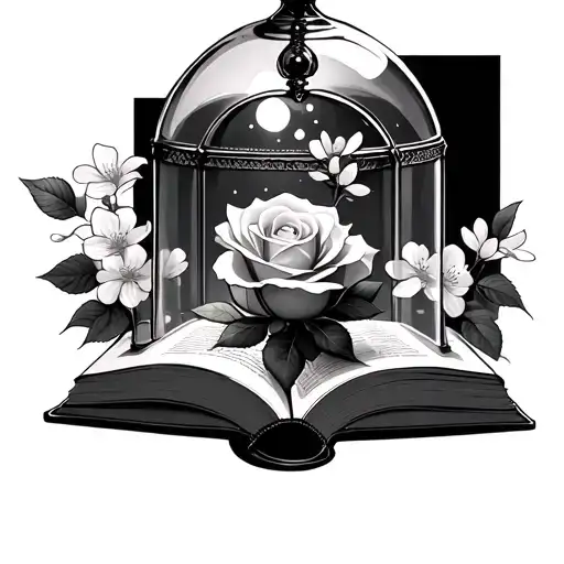 Enchanted Rose Glass Dome Ancient Open Book With Cherry Blossoms In Back Ground