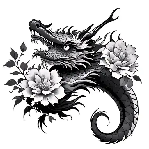 Japanese Traditional Dragon With Flowers