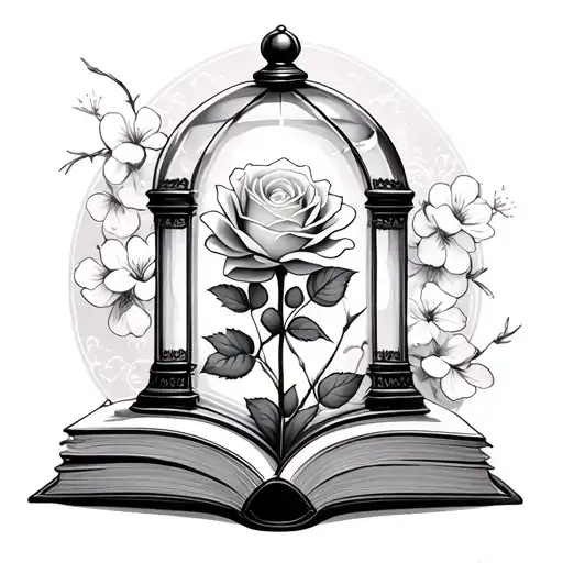 Enchanted Rose Glass Dome Ancient Open Book With Cherry Blossoms In Back Ground