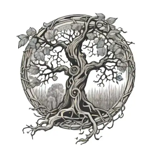 Enzo Circle And Triskell Inside The Bark Of Tall Alder Tree