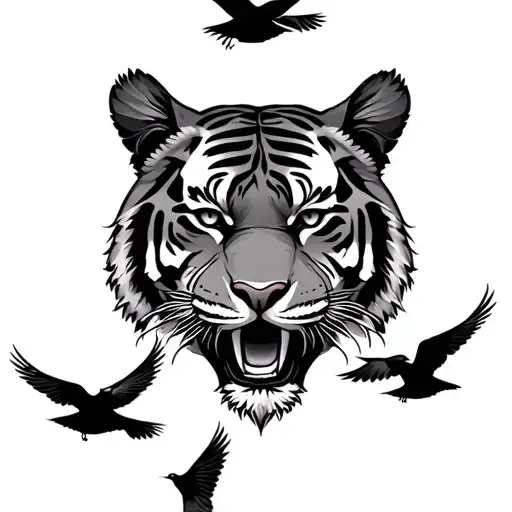 Tiger Face With Birds Flying Underneath It