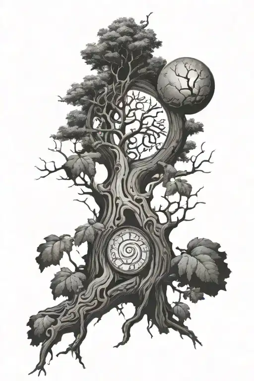 Enzo Circle And Triskell Inside The Bark Of Tall Alder Tree