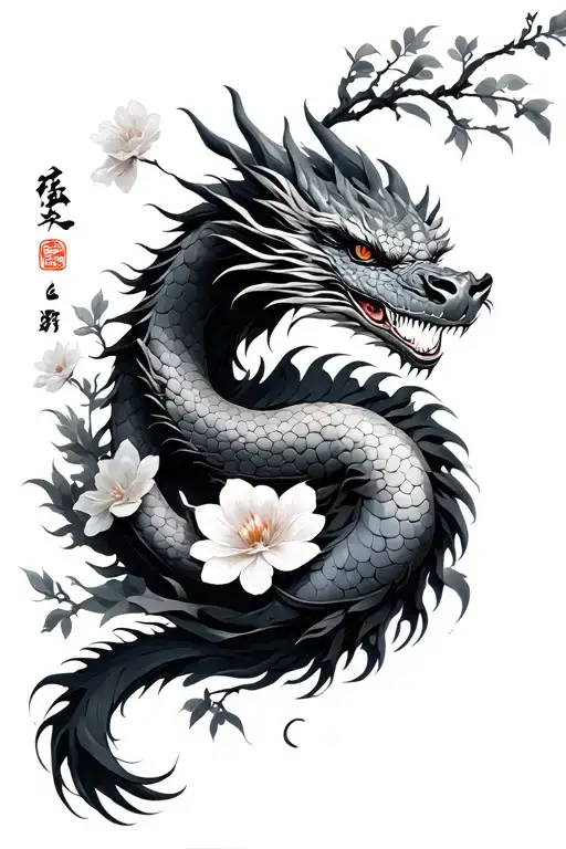 Japense Flowers Wrapped Around Dragon