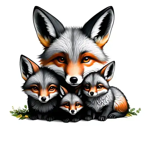 Father Fox Looming Over Two Baby Foxes