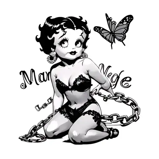 Betty Boop On Her Knees With A Chain And Small Butterfly Wings And The Word Manege