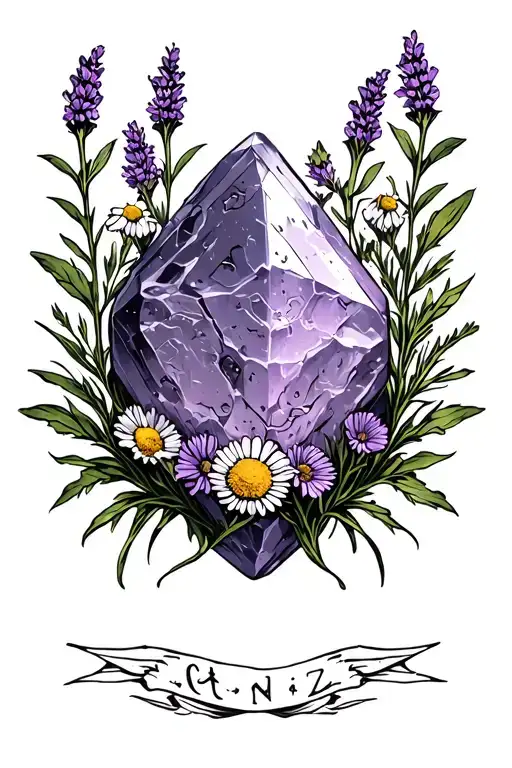 Algiz Runestone Intertwined In Lavender And Chamomile Sprigs In Gothic Black And Grey Artstyle