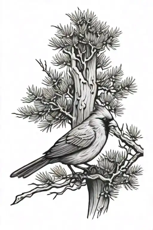 Cedar Tree And Cardinal Sitting