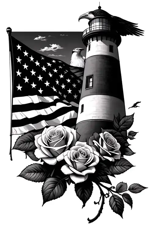 Lighthouse And Roses And Eagle And American Flag Background