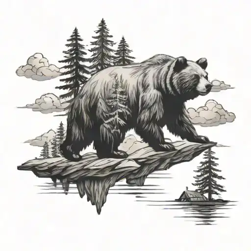 Cabin And Bears Floating