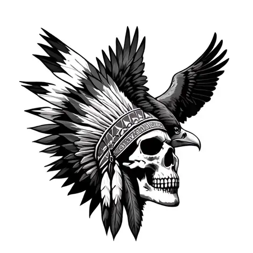 Realistic Skull Wearing Native American Headdress With An Eagle Flying In The Background