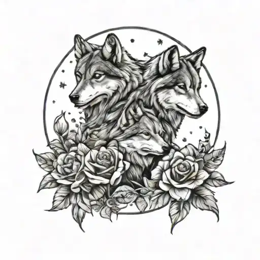Two Wolves Laying A Flower Bed Under Teh Stars