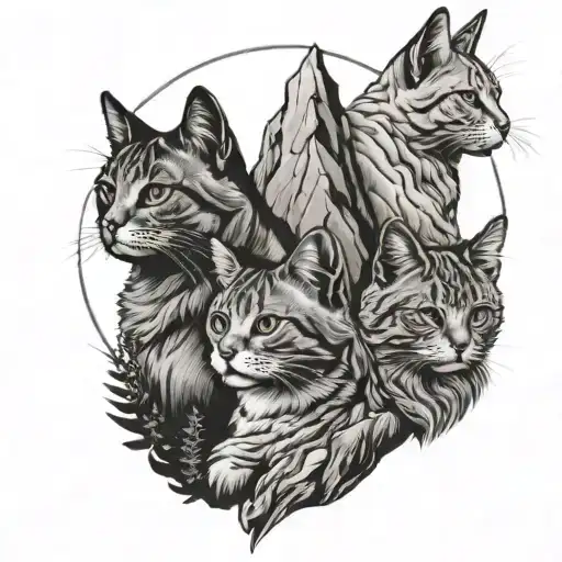 Three Cats Looking Away At A Mountain Range