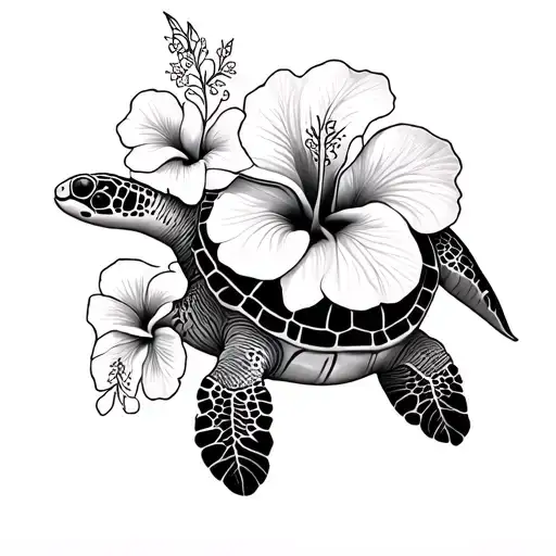 Hibiscus Flowers With Sea Turtle