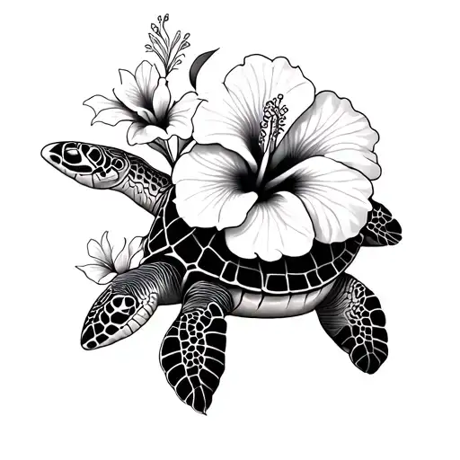 Hibiscus Flowers With Sea Turtle