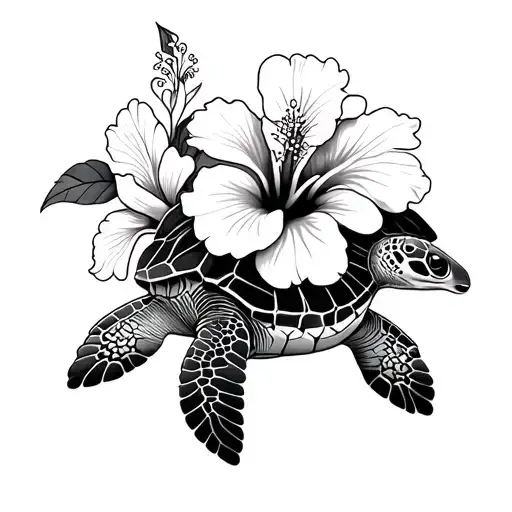 Hibiscus Flowers With Sea Turtle