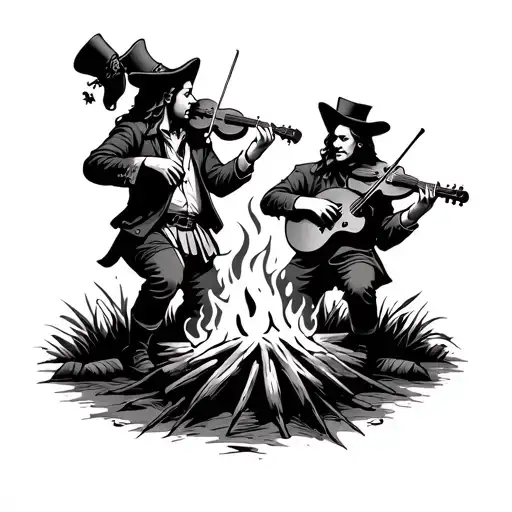 Irish Musicians Playing Fiddles Around A Campfire