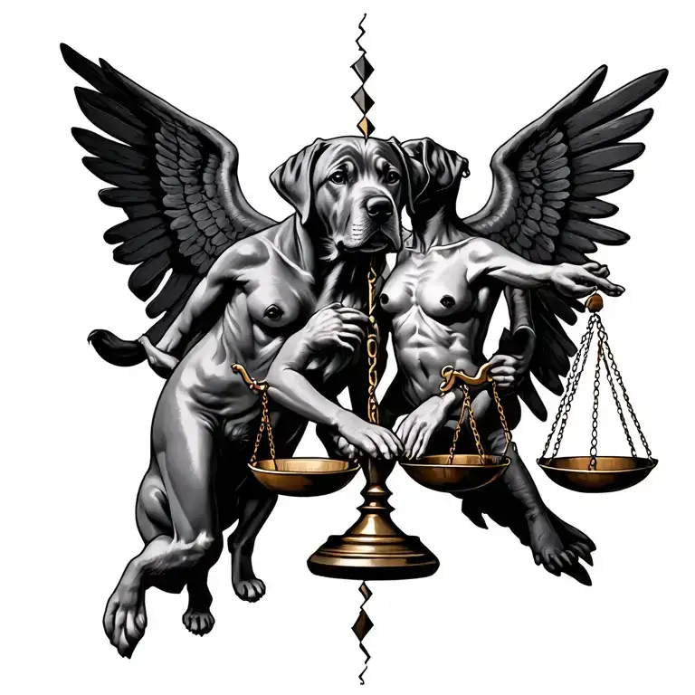 Broken Scales Of Justice Intertwined With Faceless People And A Labrador Puppy