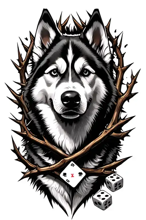Husky Dog With Cards And Dice Intertwined With Thorns