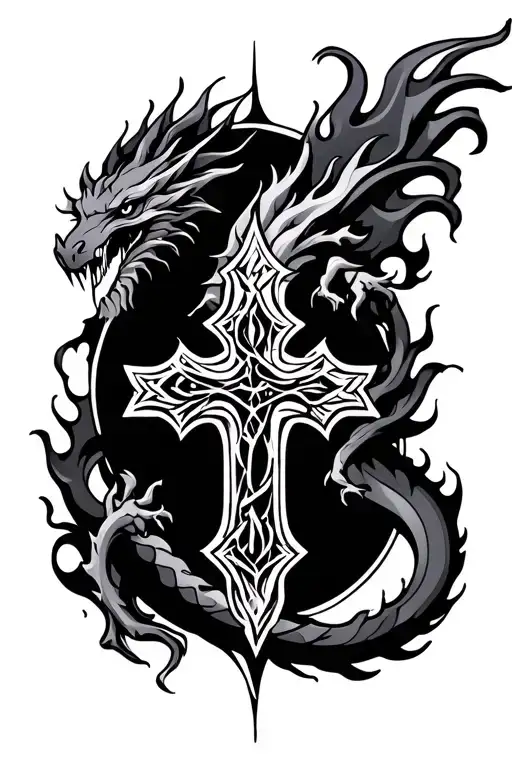 Cross And Flaming Dragon Intertwined
