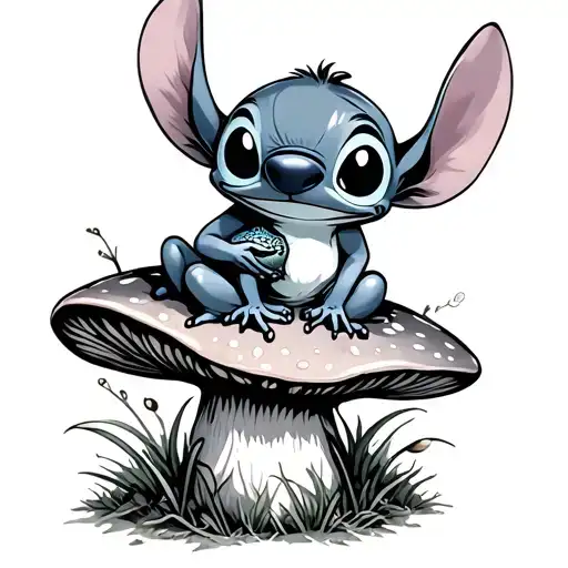 Stitch On A Mushroom Holding A Frog Sitting