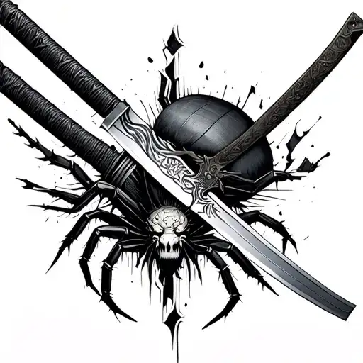 Detailed Katana Sword With A Broken Blade And A Spider Crawling On The Blade