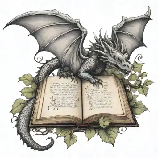 Dragon Gripping Open Book With Ivy Vines