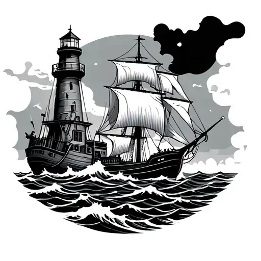 Ancient Boat With A Lighthouse Against The Waves Of The Sea
