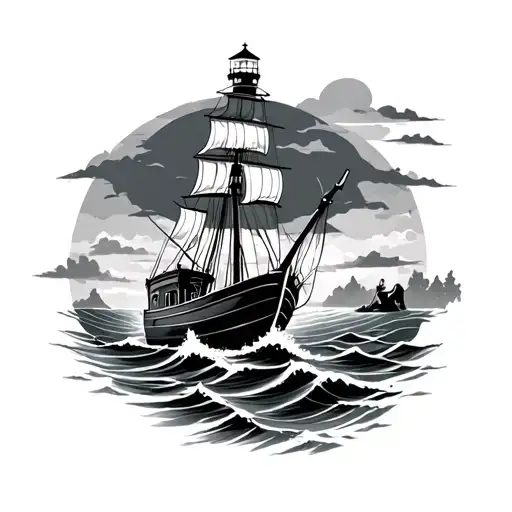 Old Boat Against The Waves And An Island With A Lighthouse