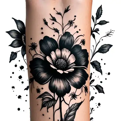 A Full Forearm Shaded Black With Tiny Flower Shapes Peeking Through