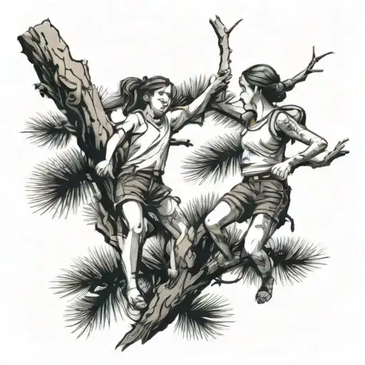 Two Girls Climbing Pine Tree Branches