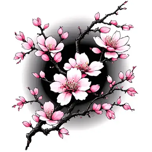 Pink Plum Blossom Branches Stretching Towards Different Directions
