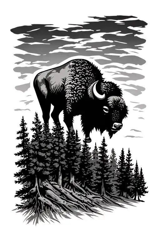 Buffalo Silhouette With Pine Forest