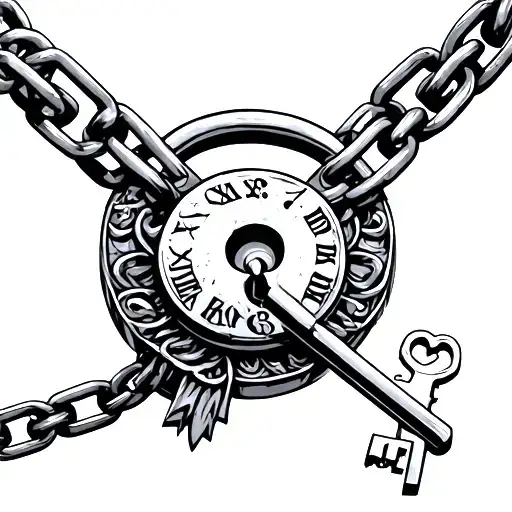 Iron Lock And Chain With Skeleton Key
