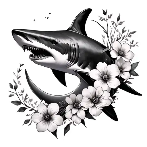 Great White Shark Moon And Flowers Intertwined