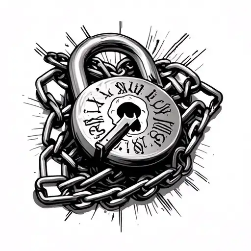 Iron Lock And Chain With Skeleton Key