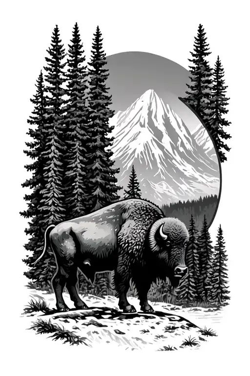 Buffalo Outline With Pine Forest Landscape