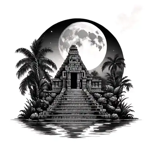 Aztec Temple With Jungle Moon Jaguar Water Darken Everything