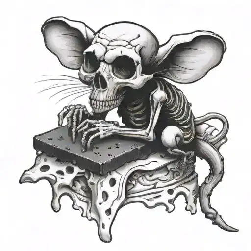 Skeleton Mouse Sitting On A Piece Of Cheese
