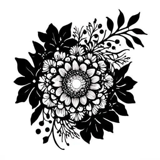 Black And White Fine Line Minimalistic Mandala With Vegetation And Flowers