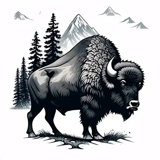 Buffalo With Mountains And Trees