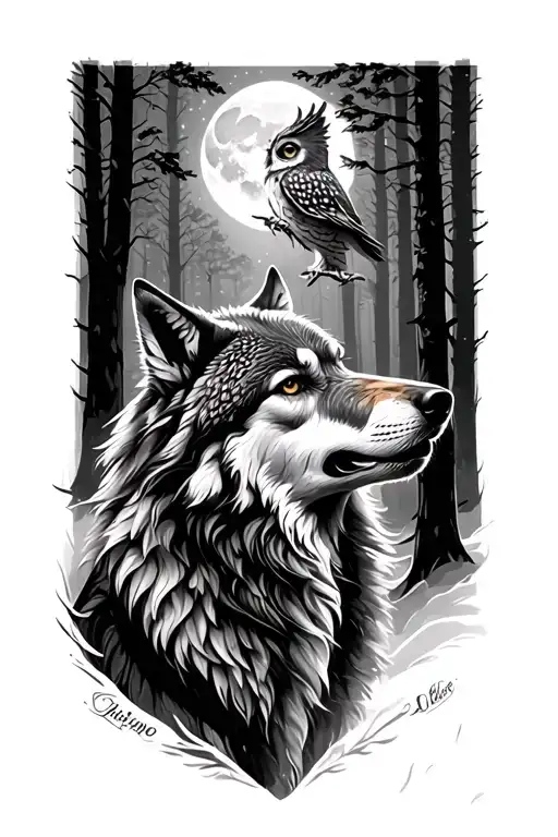 Wolf Howling And Owl Head Above A Moonlit Forest