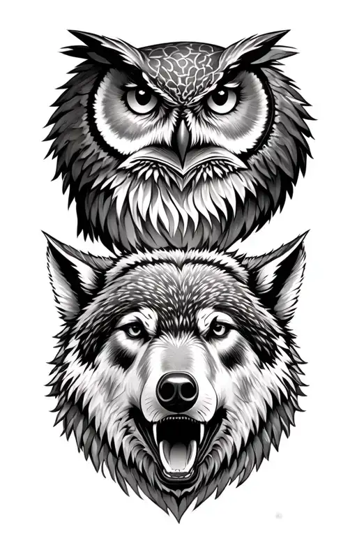 Wolf Howling And Owl Head Above A Bear